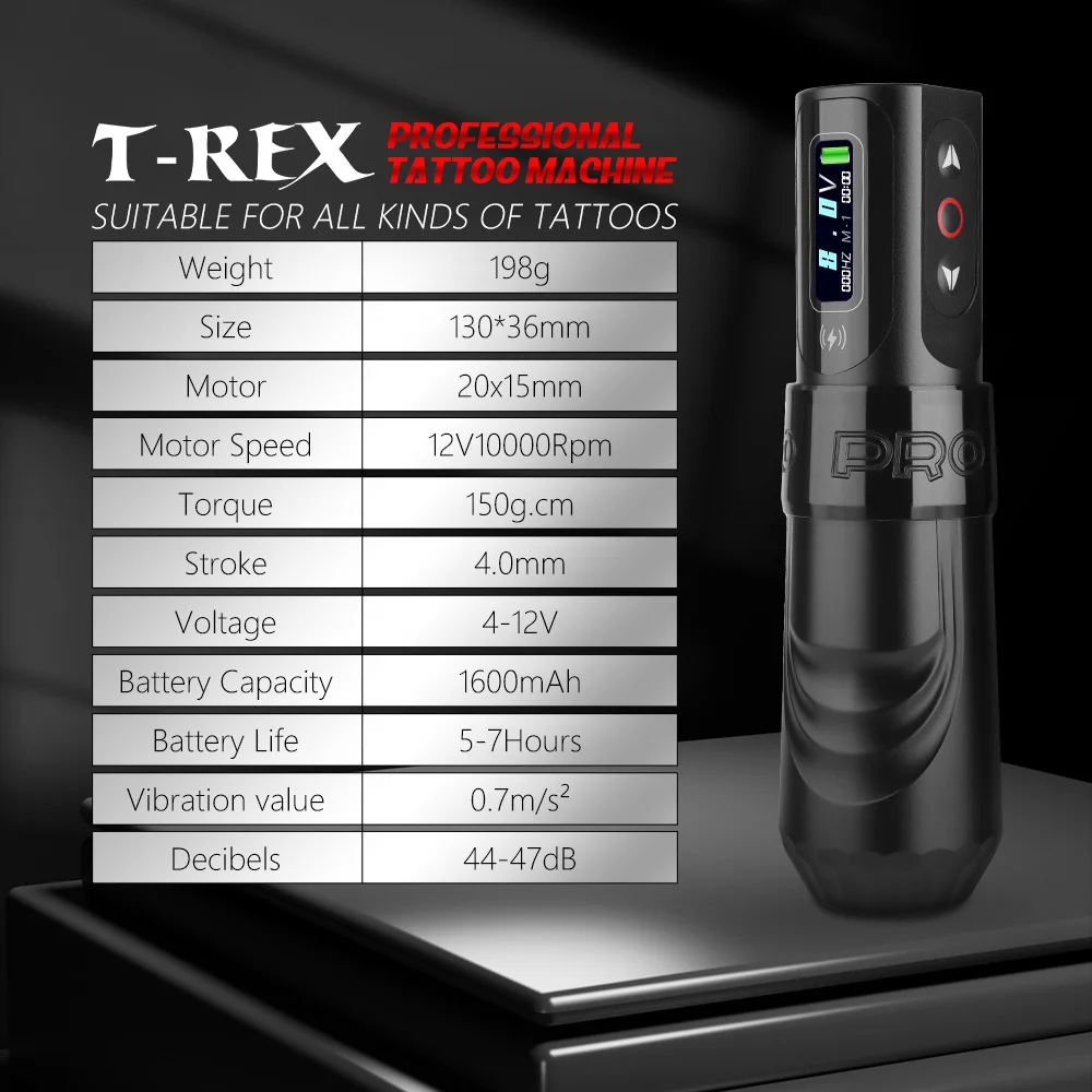 T-Rex wireless tattoo machine 4.0mm stroke rotary tattoo pen with two 1600mAh power supplies suitable for artistic tattoos