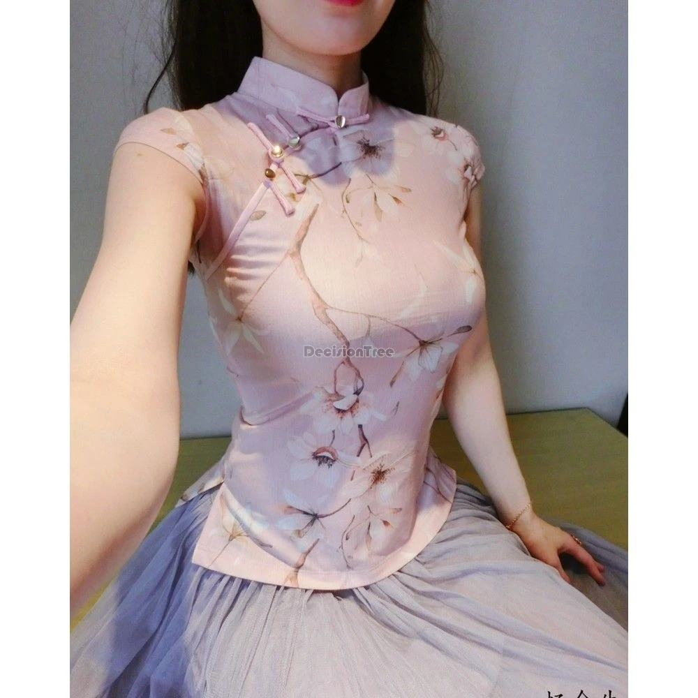 

2025 new chinese-style fashion slimming summer printed short sleeve cheongsam top stand collar sleeveless style tang suit blouse