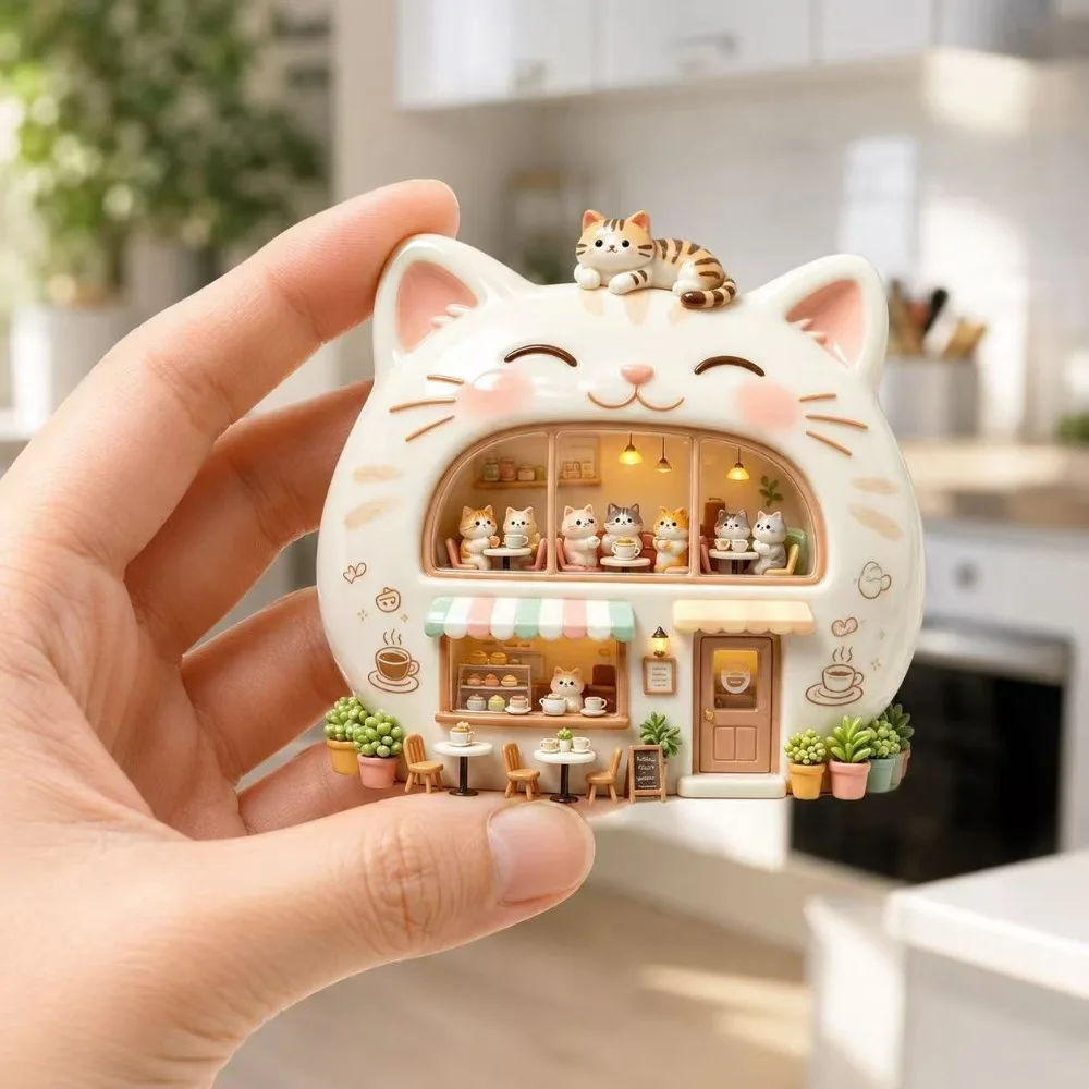 3D Resin Fridge Magnet Cat Dessert House Relief Refrigerator Magnet for Kitchen Office Whiteboard Christmas Birthday Gift Decor