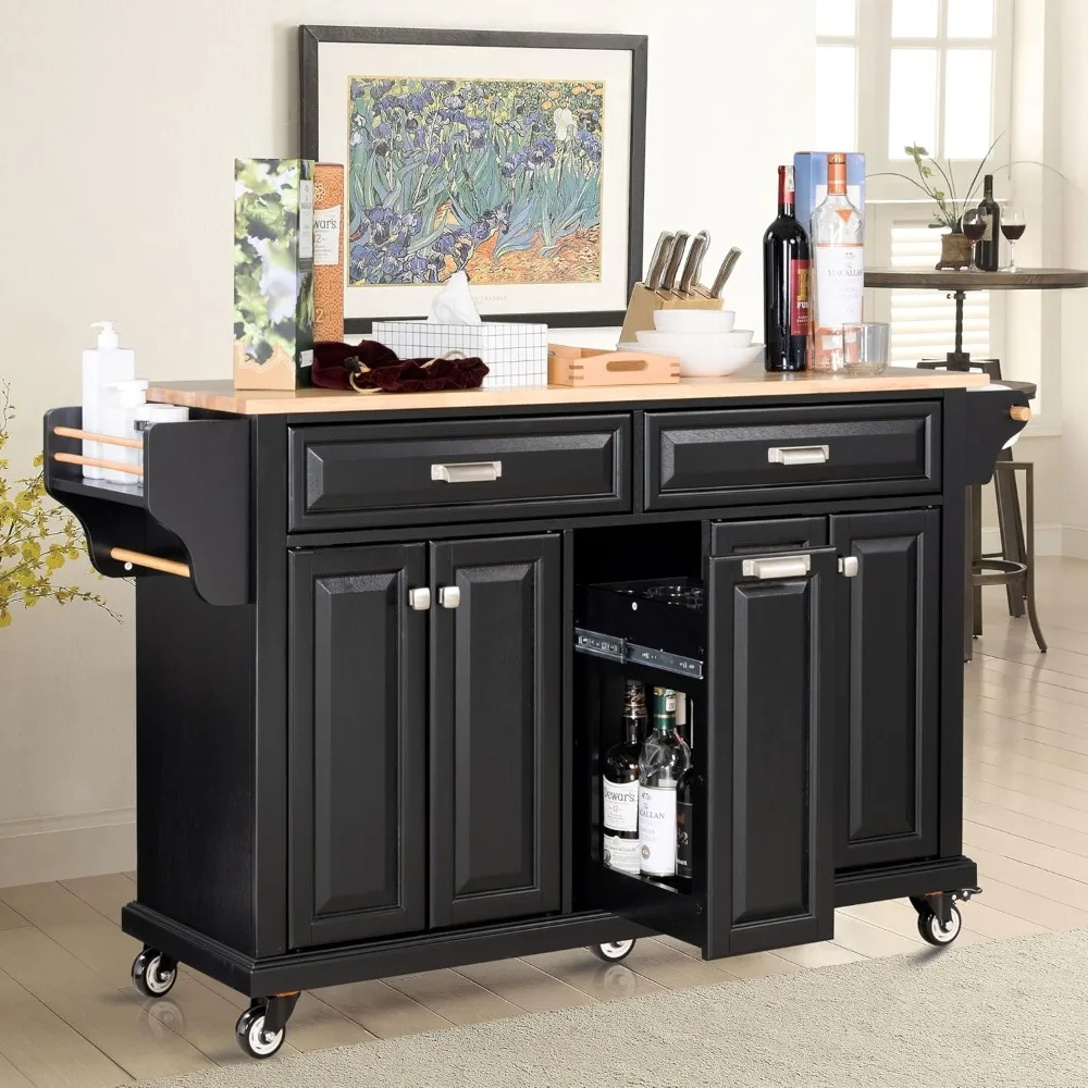 Mobile Kitchen Island with Storage Cabinet and Drawers, for Kitchen, L60.5 X W18.13 X H36.75IN, Black,Kitchen Islands & Trolleys