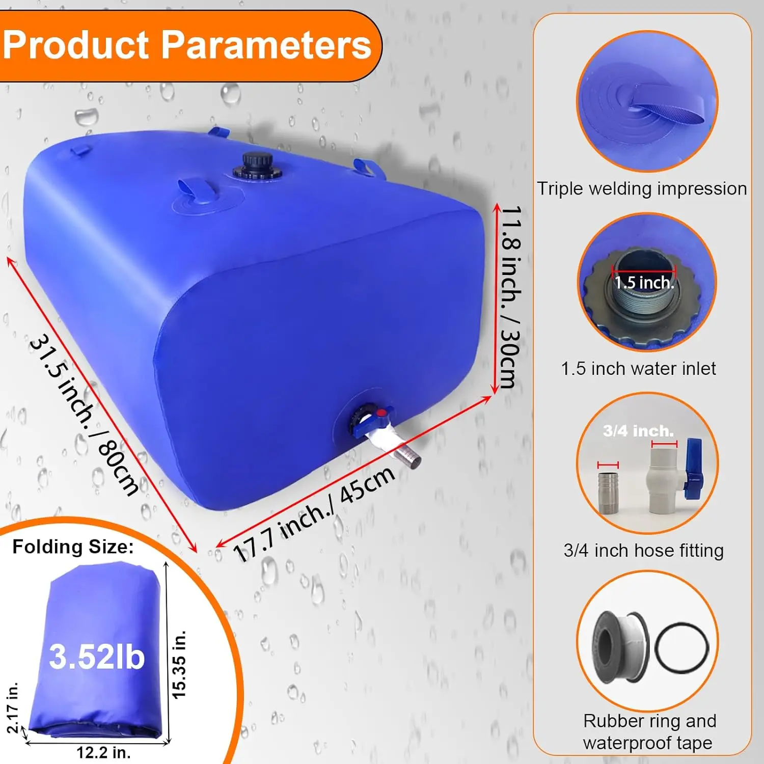 110L/30gal Portable Water Tank, Collapsible Water Storage Container with 3/4" PVC Spigot Suitble Camping Emergency Water Storage