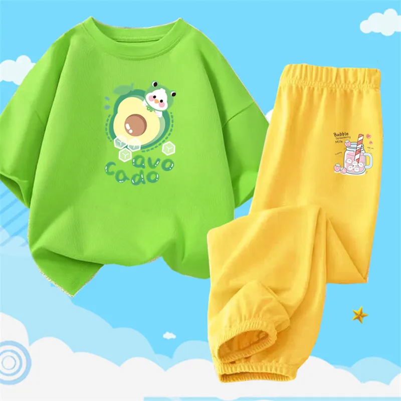 2024 Estate Bambini Abiti Ragazze Frutta Avocado t-shirt + pantaloni anti-zanzara 2 pezzi Set Bambini Cartoon Tute