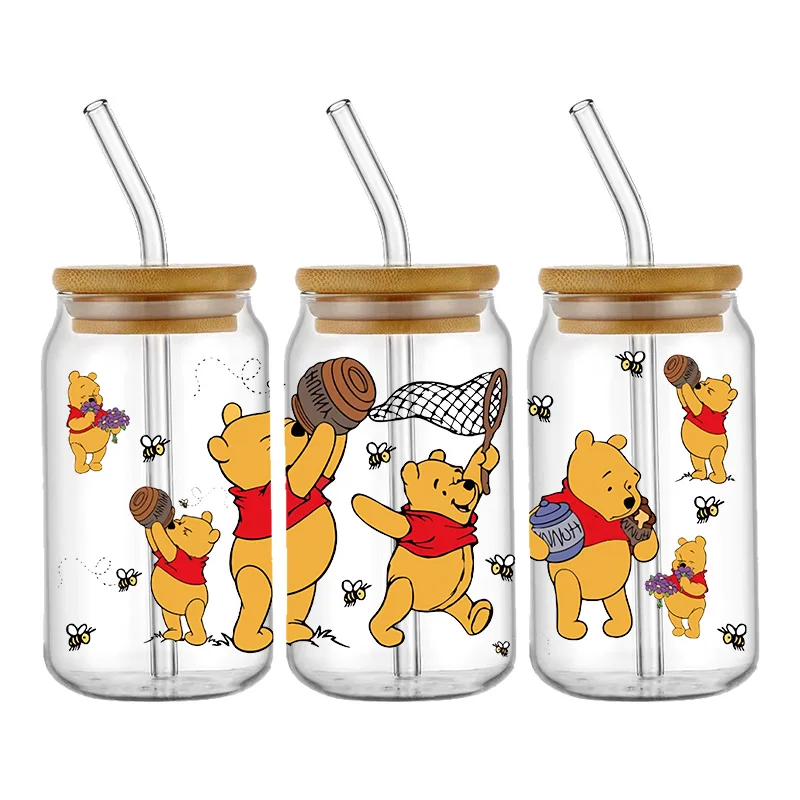 Disney Cartoon Adesivo de Transferência Impermeável, Urso Ursinho Pooh Padrão, UV DTF, Transfere Decalques para Copo de Vidro 16oz, Envoltório Adesivos