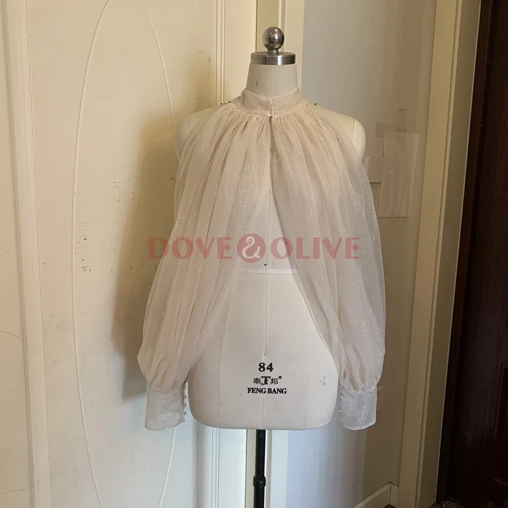 Veste scintillante à manches longues bouffantes pour femme, cape à col haut pour les patients, haussement d\'épaules pour mariée, fête formelle