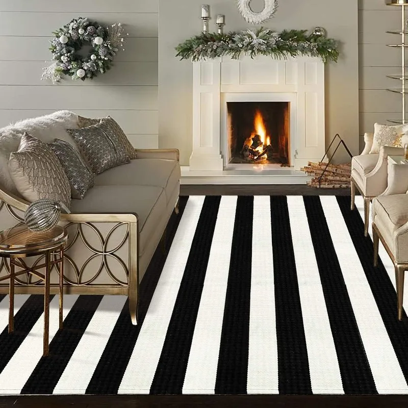 

Black and White Striped Rug 5' 7" x 7' 7" Washable Large Patio Rug Cotton Hand Woven Indoor Outdoor Rug Farmhouse