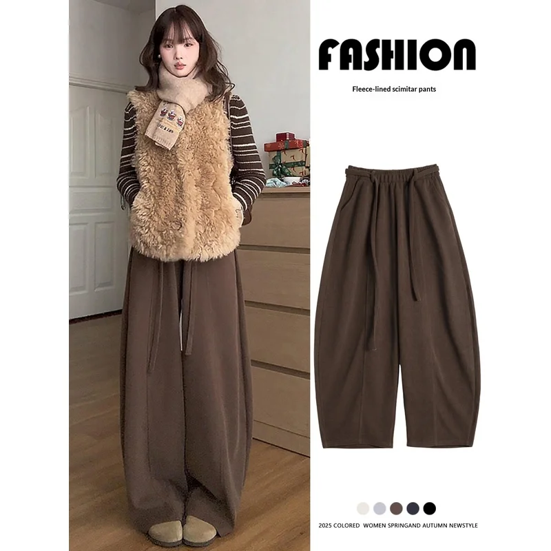 Women 2026 New Brown Corduroy Curved Seam Pants Loose Straight Leg Maillard Slouchy Casual Wide Leg Trousers Autumn Winter