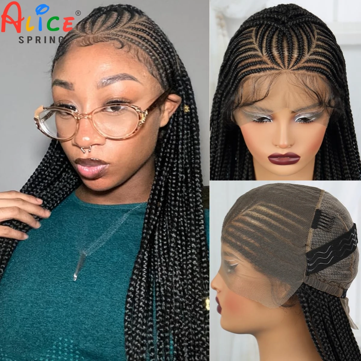 Peluca trenzada de encaje completo transparente, peluca trenzada Cornrow, peluca de encaje trenzada Natural sintética sin nudos para mujeres negras con pelo de bebé