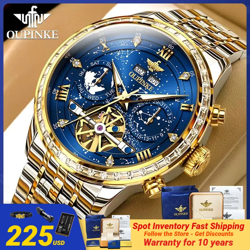 OUPINKE 3255 Automatic Watch for Men Flywheel Calendar Date Full Diamond Sapphire Mirror Stainless steel Mechanical Men\'s Watch