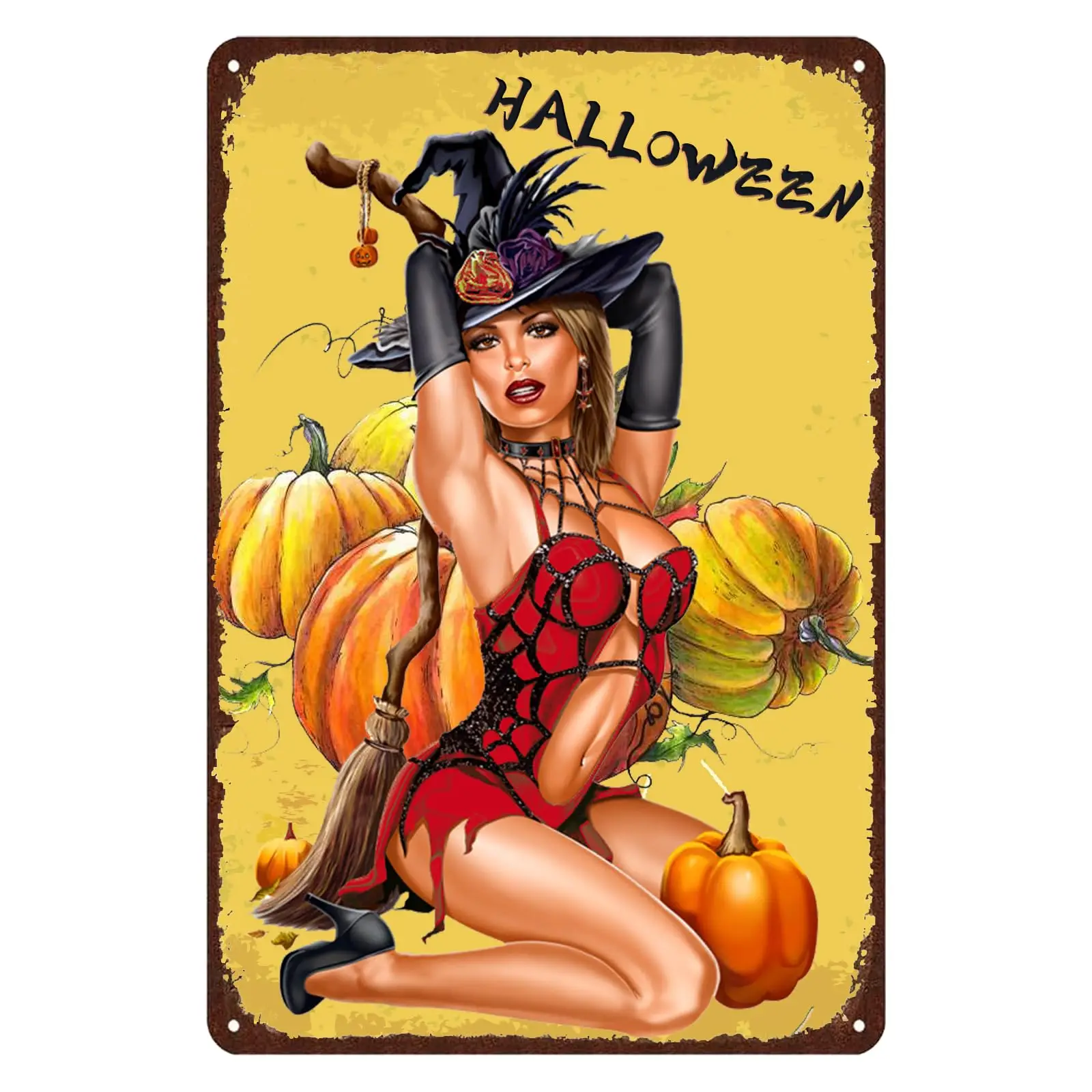 

Хэллоуин Ведьма ретро металлические знаки пикантная девушка с тыквой жестяной знак Искусство стен декор дома мужчины пещера ванная кафе спальня Dec