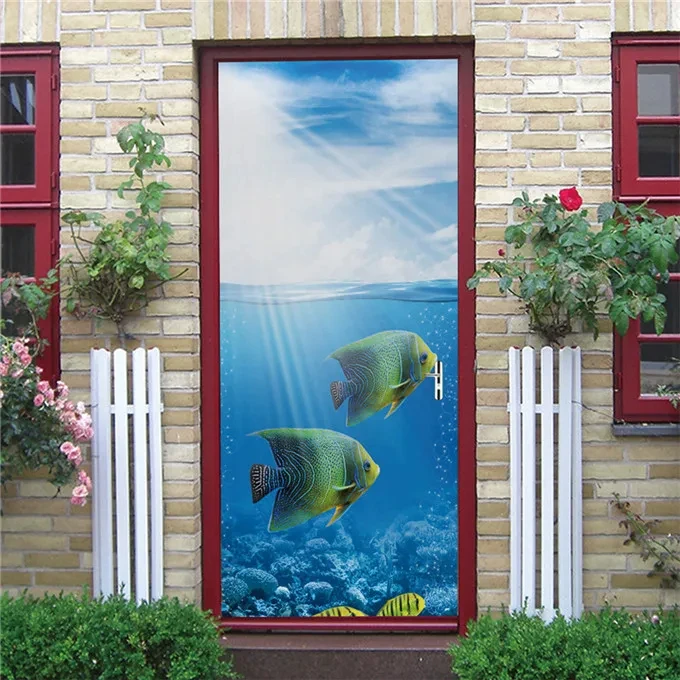 Underwater World Wallpaper 3D Door Sticker Self Adhesive PVC Fish Dolphin Poster for Kids Girls Room Home Door Decoration Murals