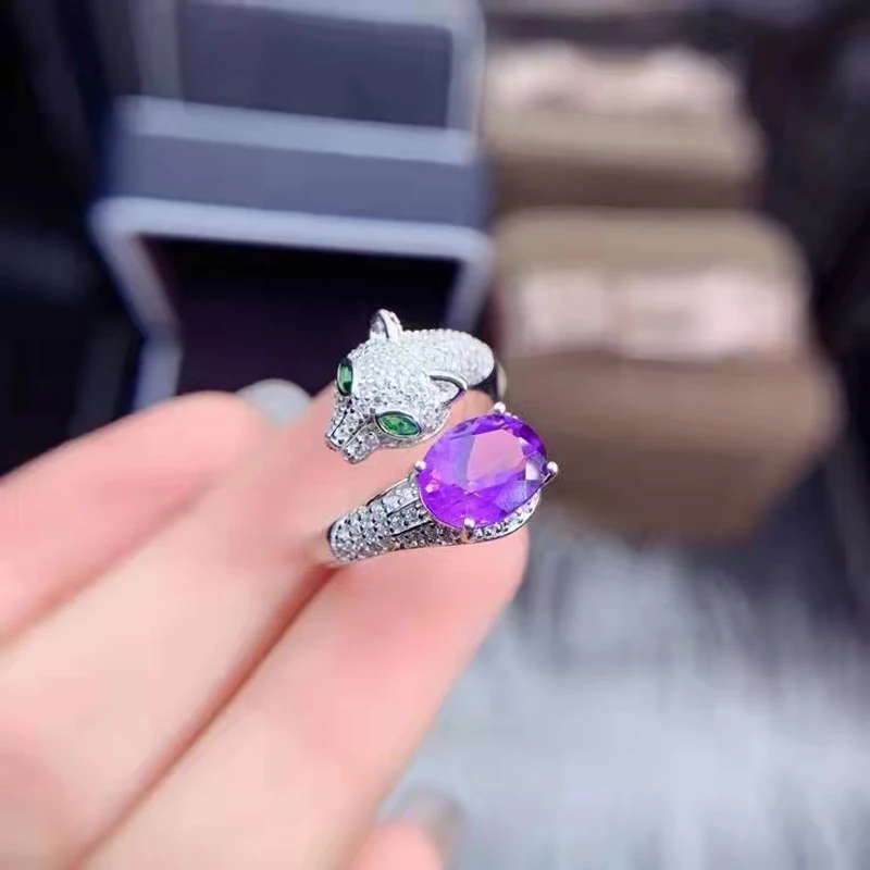 

Fashion Natural Amethyst S925 Sterling Silver Women Leopard Ring Fine Luxury Personality Jewelry Luxury Jewelry Designers