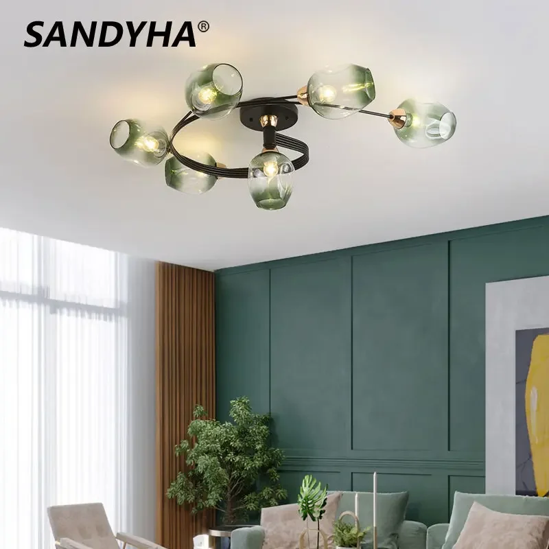 SANDYHA Modern Nordic Spiral Shape Ceiling Lamps Glass Iron Art Decor Lighting E27 Bulb Furniture Living Dining Room Chandeliers