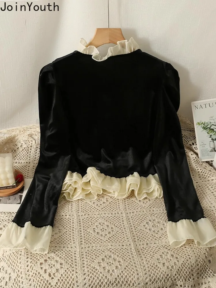 Black Velvet Blouse Women Clothes 2024 Camisas De Mujer Vintage Shirts Stand Neck Crop Tops Ruffles  Sweet Tunic Blouses 63a830