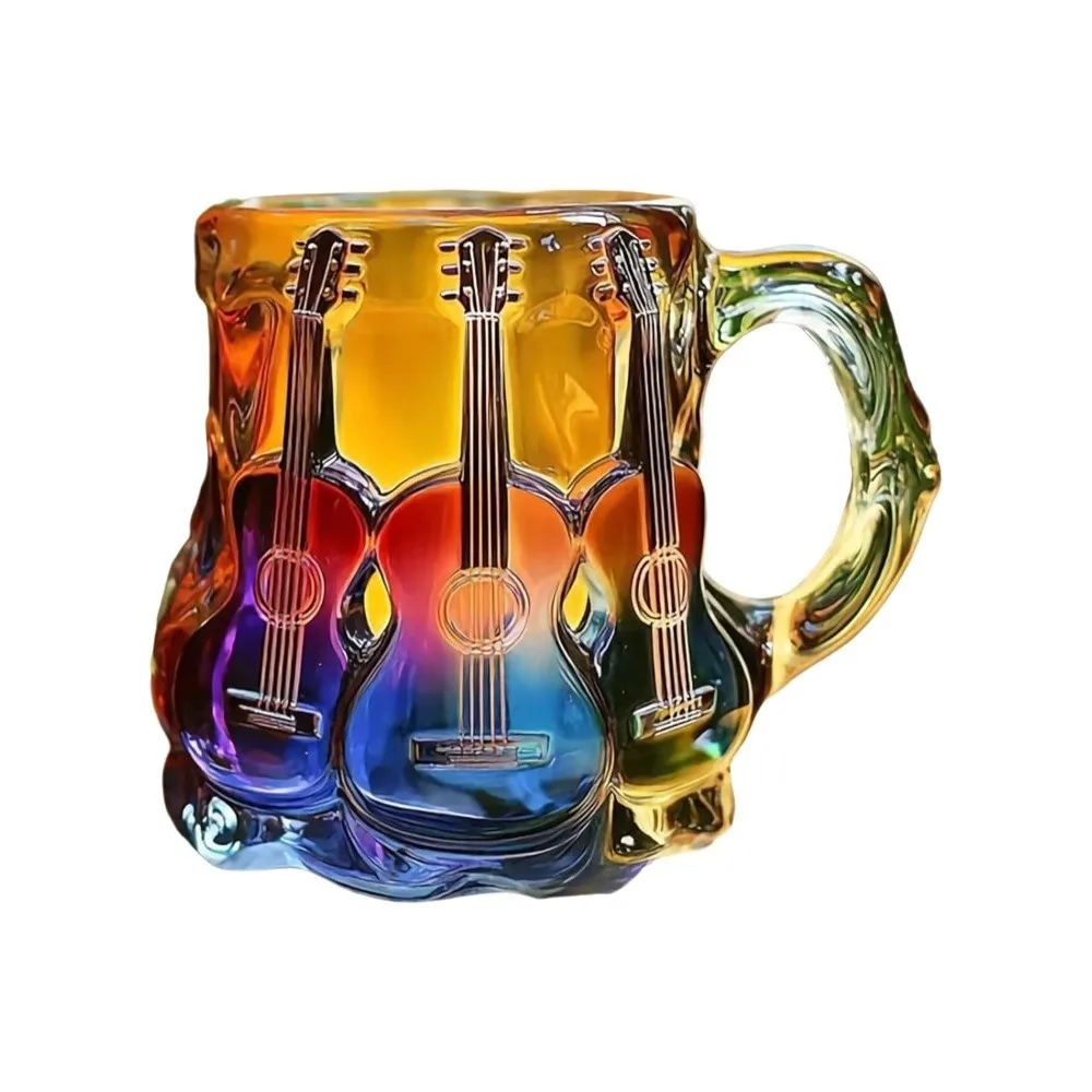 

Novelty 3D Painted Guitar Coffee Cup Colorful Glass Coffee Mug Cartoon Guitar Art Cup Office