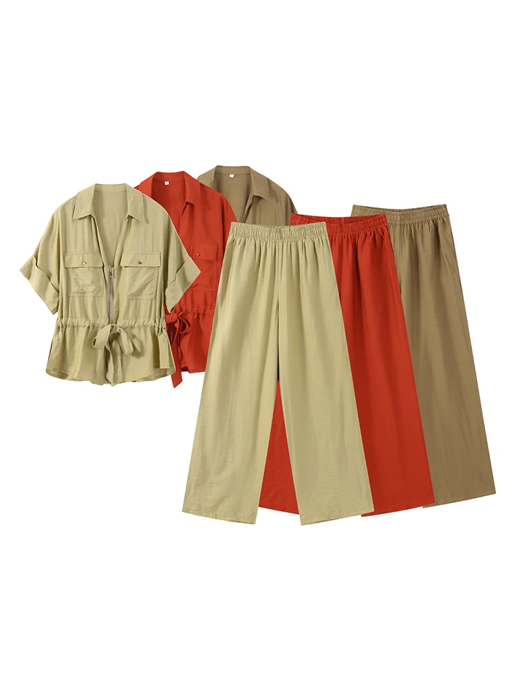 Casual Coat Pant Set Women Loose Zipper V-neck Lace Up Pleat Top Wide Leg Trousers Suit 2026 Spring Summer Lady Outfits New