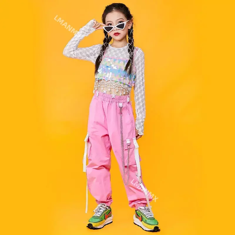 Ropa de baile de verano para niños, conjunto de falda y pantalones de red con lentejuelas, Hip Hop, Jazz moderno, ropa de calle, disfraz de actuación en escenario