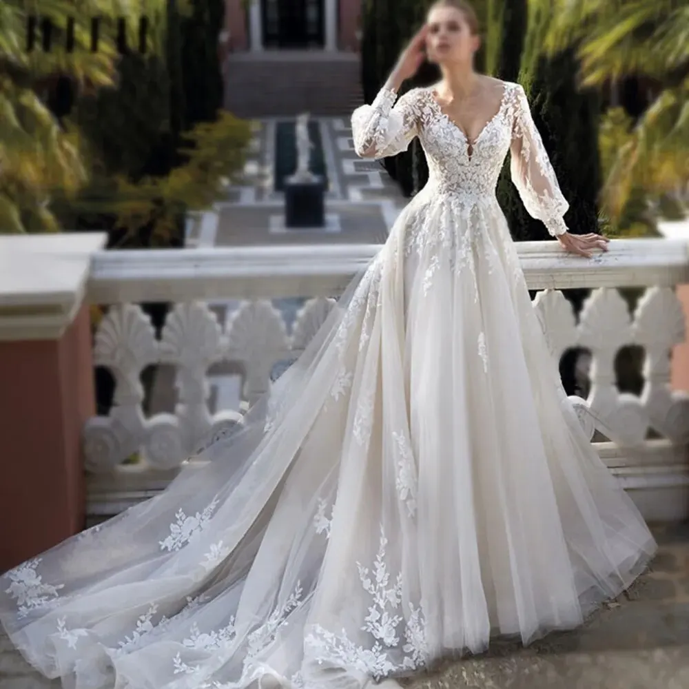 

Exquisite Wedding Dresses For Women 2024 V Neck Lace Applique A Line Bridal Gowns With Long Puff Sleeves Civil Custom Vestidos