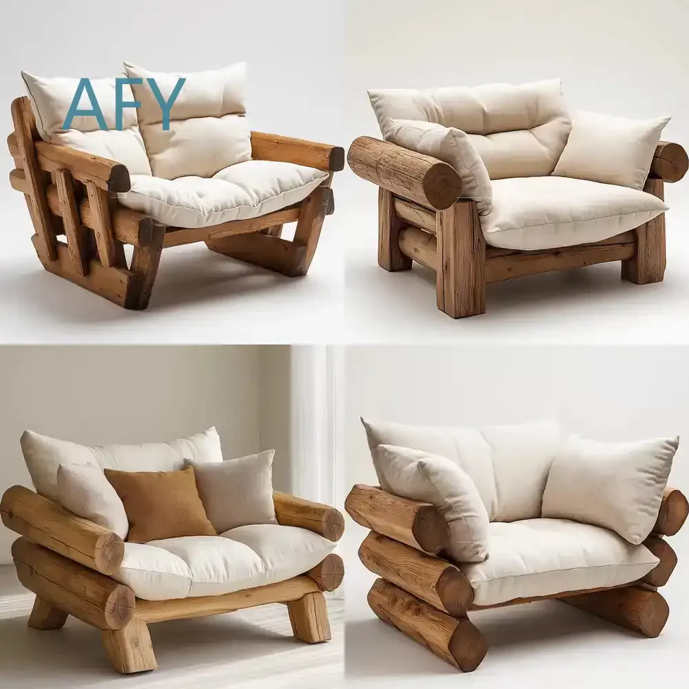 Wabi Sandy Wind Solid Wood Sofa Chair for Living Room Household Log Homestay Hotel Single Sofa for Old Elm Furniture Modern