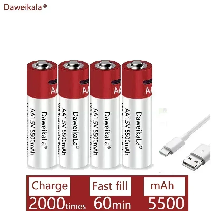 Новые перезаряжаемые батареи USB AA 1,5 В, 5500 мАч, литий-ионный аккумулятор для мыши с дистанционным управлением, электрическая игрушечная батарея + кабель Type-C