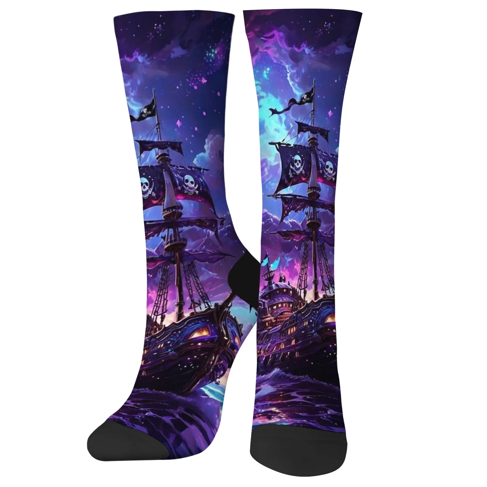 

A pair of novelty neon pirate ship style crew socks Harajuku happy adventure print street fashion compression socks unisex gift