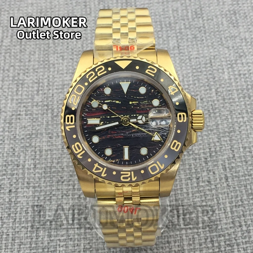 

LARIMOKER 41MM Men's Full Gold NH34 GMT Automatic Mechanical Watch Sapphire Glass Ceramic bezel Diving 10Bar Steel Strap Watch
