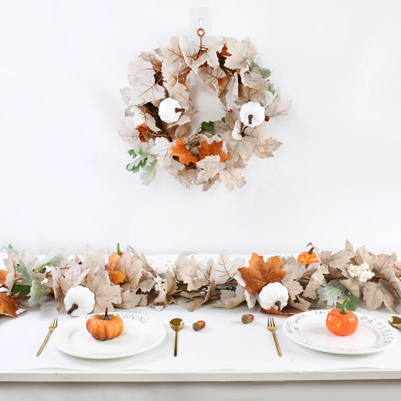 Artificial Maple Leaves Garland Pumpkin Fake Plants Autumn Fall Home Decoration Thanksgiving Halloween Christmas Wedding Decor