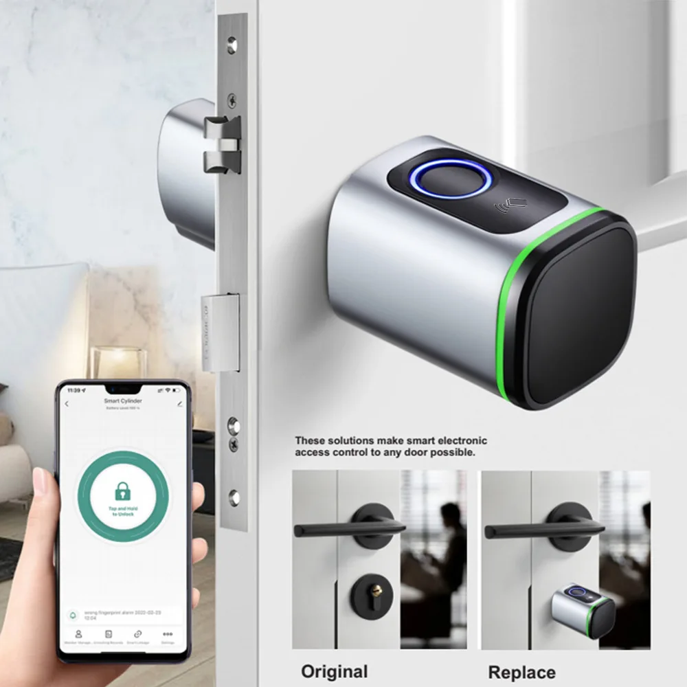 Tuya BLE Cylinder Lock Biometric Fingerprint Bluetooth TTlock APP IC Card Keys Unlock Digital Keyless Smart Electronic Door Lock