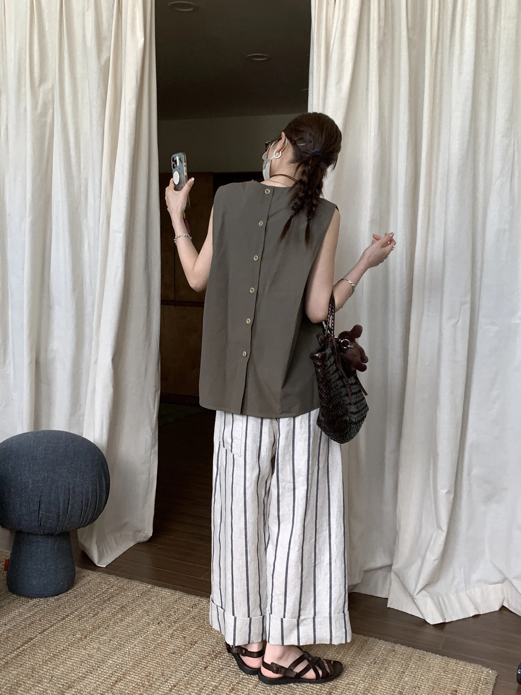 NIZONDAYS Low Saturation Color Woven Linen Thin Wide Leg Pants Nine Points Simple Style Japanese Stripe Flip Natural Waist