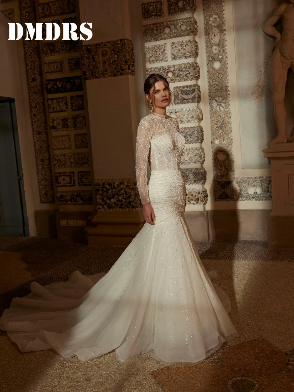 

Formal Long-Sleeve Wedding Dresses Elegant Mermaid Bridal Gowns Sparkling Tulle Floor-Length Wedding Gowns Vestidos De Novia
