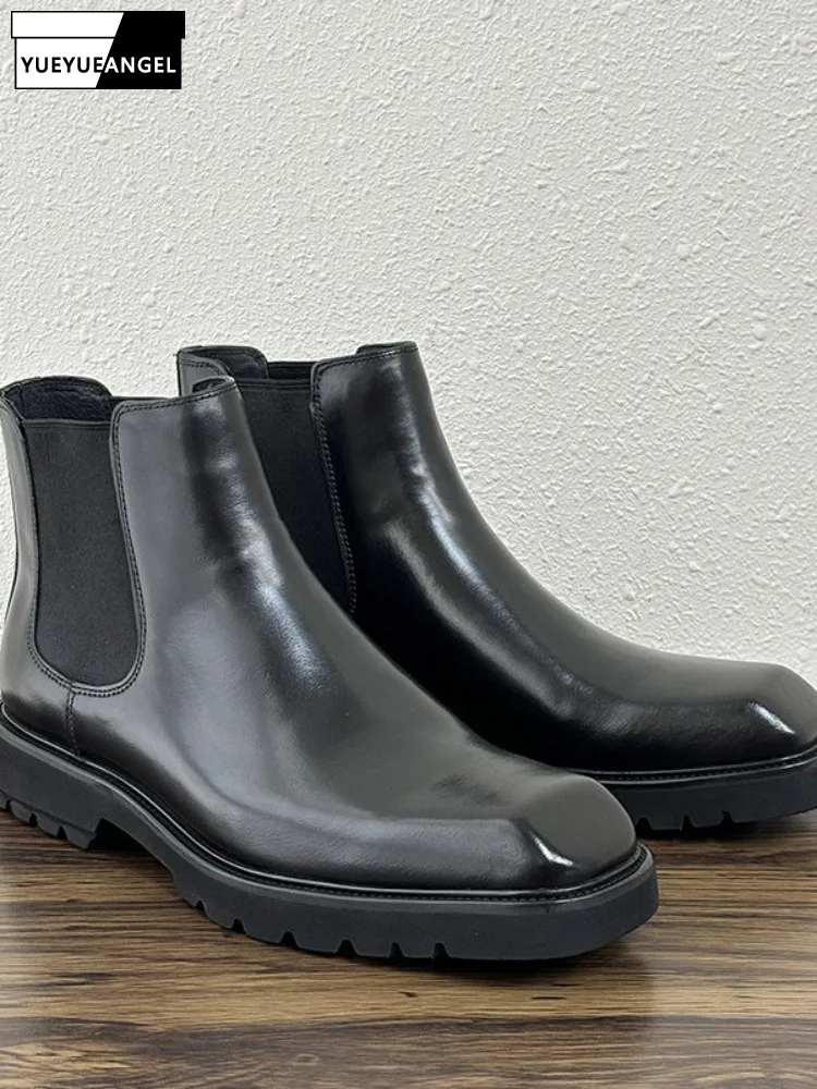 

British Genuine Leather Square Toe Hard-Wearing Low Heel Ankle Boots Solid Color Cowhide Male Handmade Slip On Platform Footwear