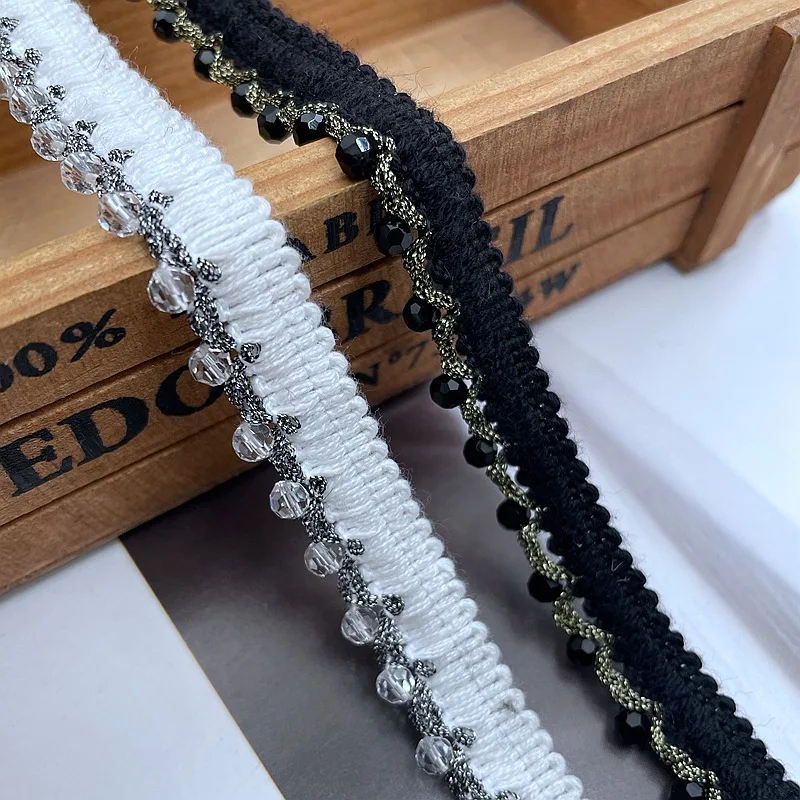 1y Pearl Beaded Lace Trim Crystal Braid Ribbon DIY Collar Sewing Garment Belt Wedding Dress Braided Lace Materials White Black