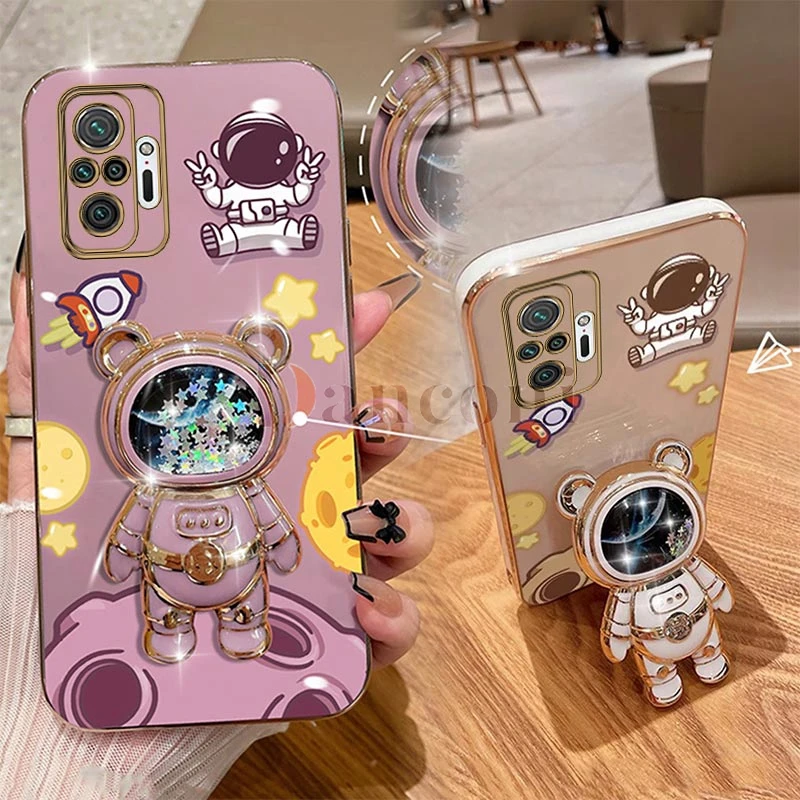 Cheering astronauts Plating Phone Holder Case For Xiaomi Redmi Note 10 10S 10T 11Pro 10Pro 11 9 9Pro 11S 9T 8 8 Pro 7 Pro Cover