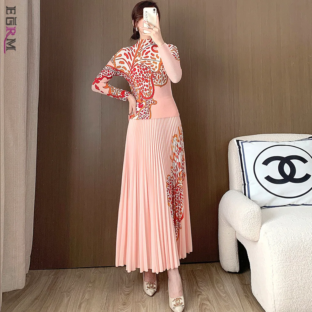 

EGRM 2024 New Woman Pleated Two Pieces Sets A-line Folds Skirt&Long Sleeve Half High Collar Top Festival Clothing 7GM3490