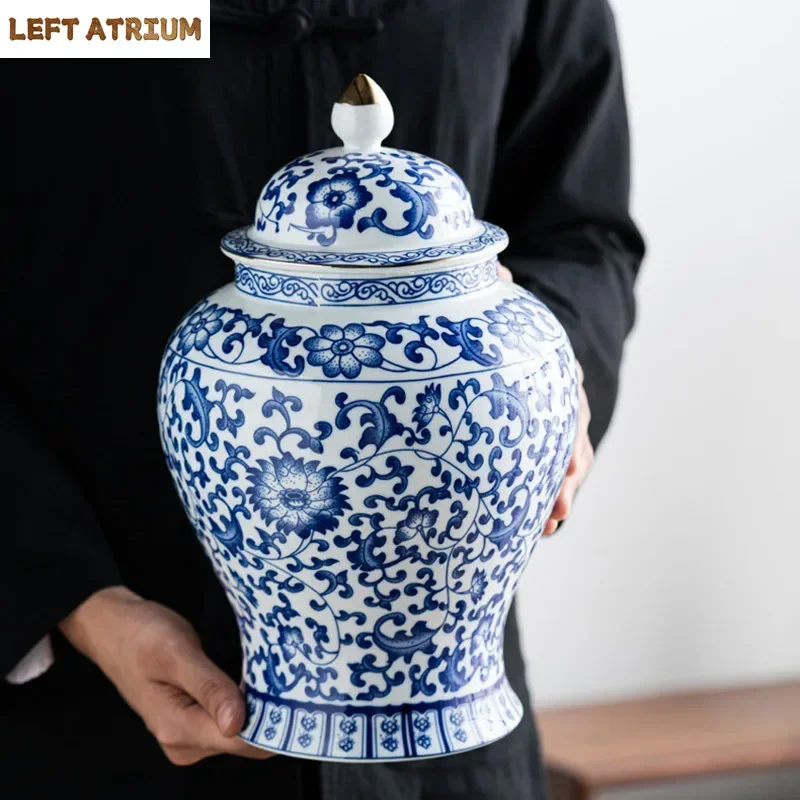 

Blue and White Porcelain Ceramic Tea Canister Sealed Storage Jars Coffee Table Classical Tea Can Candy Jar Tea Caddy Container