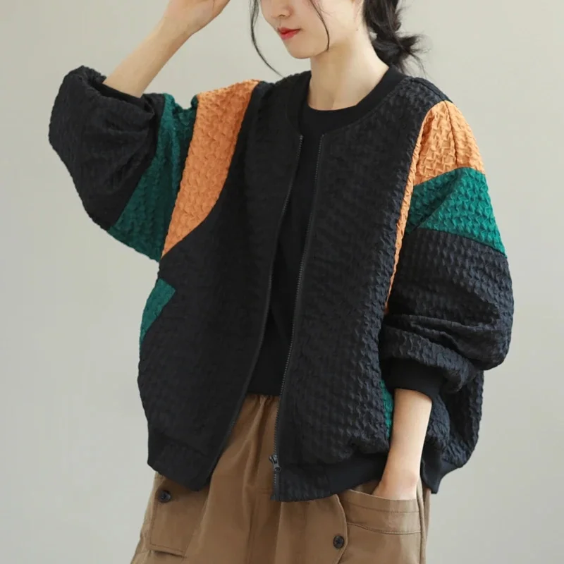 Color Blocking Patchwork Jacket for Women\'s Clothing in the Spring Autumn of 2025 Loose Casual Style With Zipper Jacket Cardigan