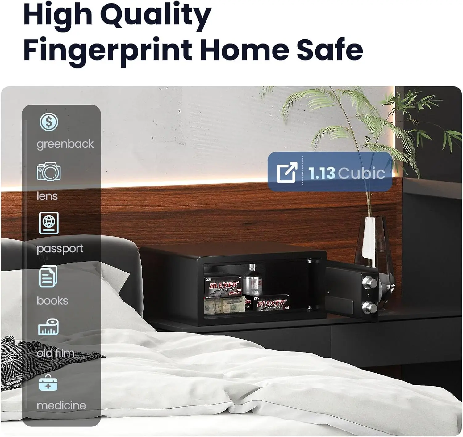 Biometric Safe Box - (1.13 cu. ft.) Fingerprint Home Safe with Silent Mode, Backlit Keypad and LED Light, Secure Money Safe Caja