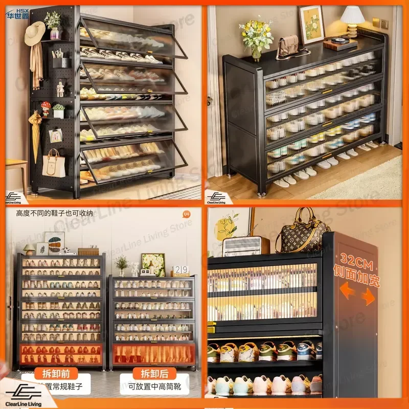 Steel Shoe Cabinet Household Door Storage Integrated Against Wall Entrance Dust-proof Shoe Rack Large Capacity Locker