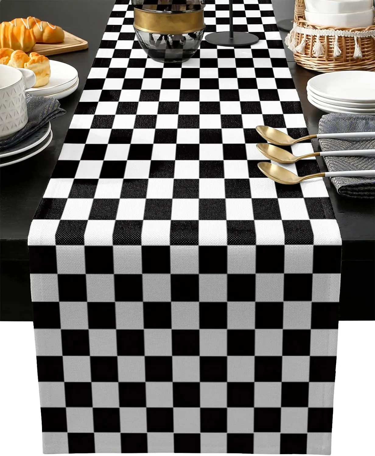 Black White Checkered Linen Table Runner Dresser Scarf Reusable Farmhouse Kitchen Dining Table Runner Holiday Party Decorations