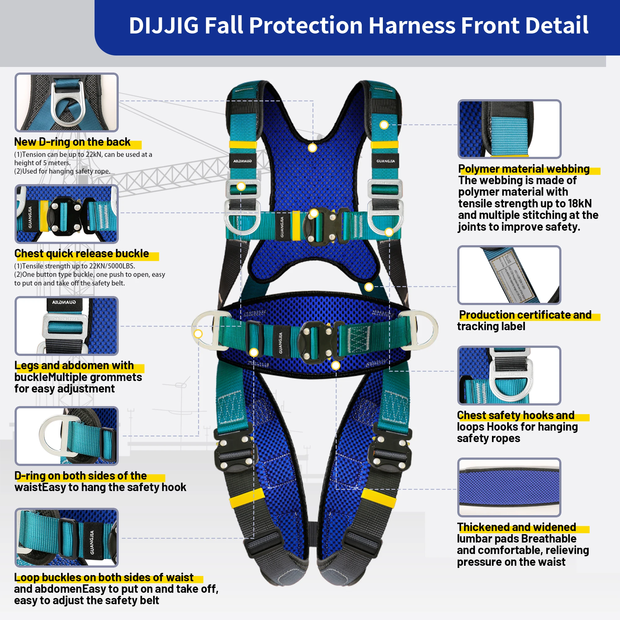 เข็มขัดนิรภัยแบบเต็มตัวสำหรับงานที่สูง ขายดี คุณภาพระดับมืออาชีพ ป้องกันการตก