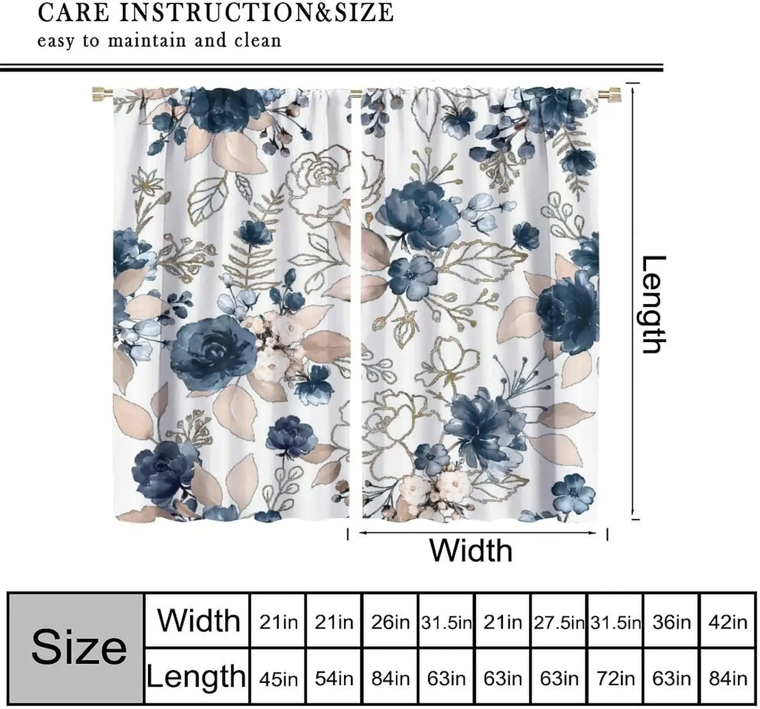 Cool Watercolor Navy Rose Curtain 2 Panels White Base Gold Line Floral Living Room Print Window Curtain Elegant Home Decor