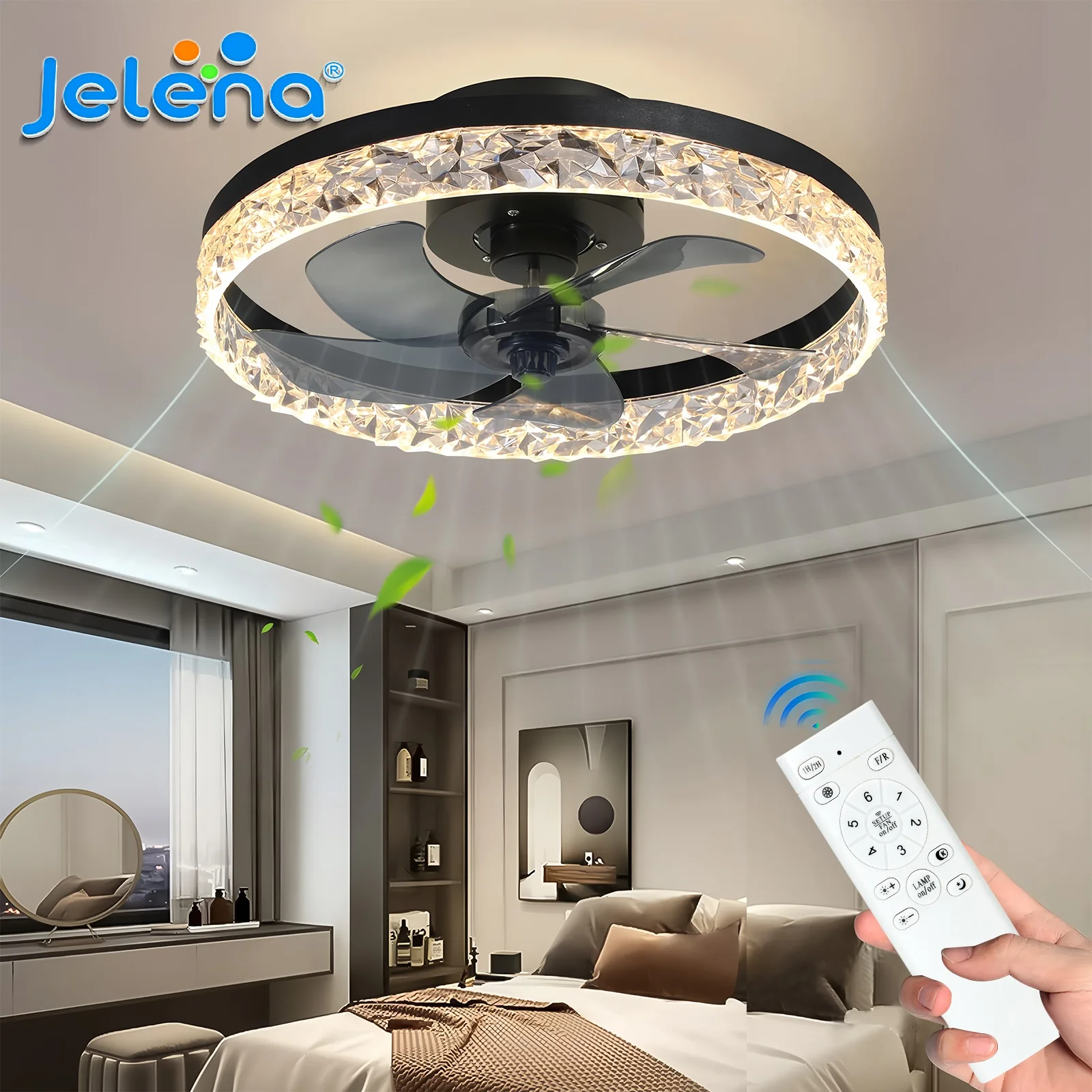 Ventilateur de plafond rond Jelena avec éclairage LED moderne pour chambre à coucher, avec application et télécommande, 6 vitesses réglables, intensité variable