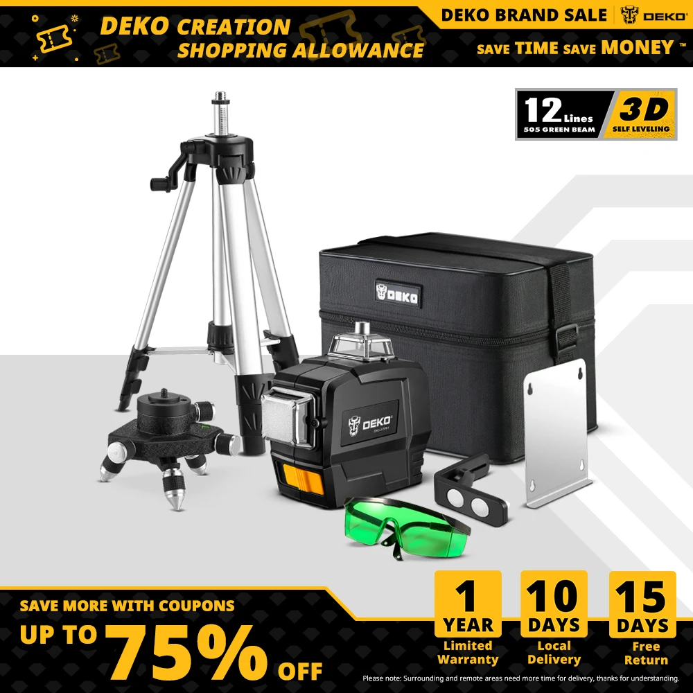Deko Dkll 12pb1 Série 12 Linhas 3d com Laser Verde Linhas Horizontais e Verticais Cruzadas Autonivelante