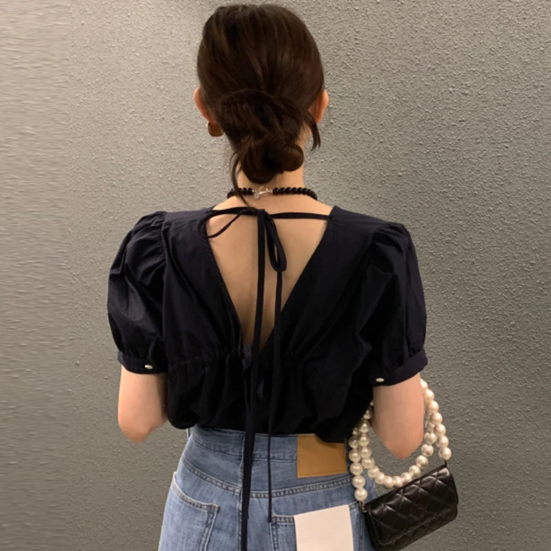 V Neck Camisas De Mujer Temperament Tied Bow Hollow Backless Blouse Chemise Femme White Shirt Blusas Moda 2024 Crop Top