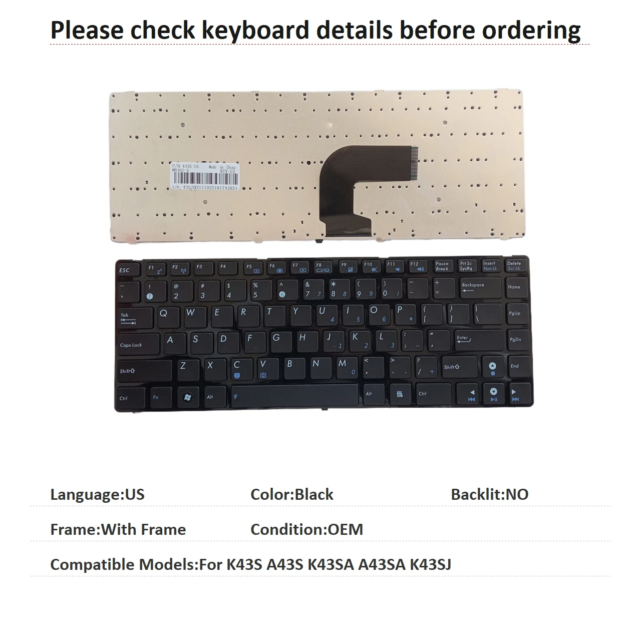 New US Language  Keyboard For ASUS K43S A43S K43SA A43SA K43SJ Notebook PC Replacement Keyboard