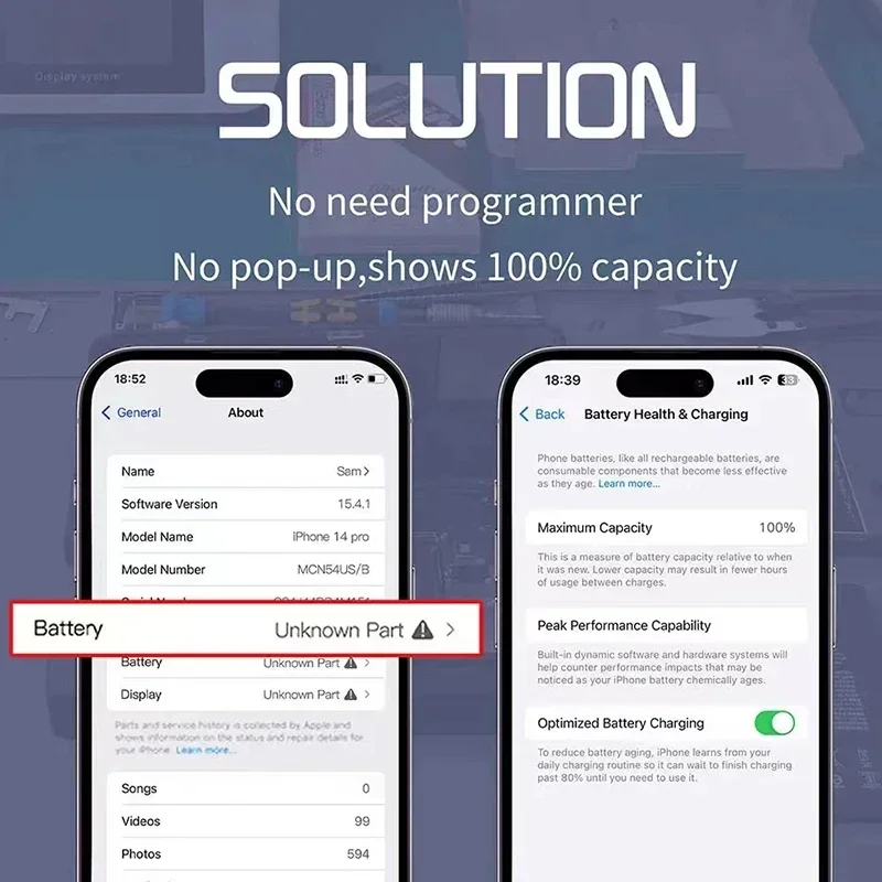 No BMS Soldering Battery For iPhone 14 Plus 13 12 Mini 11 Pro Max Phone Battery No Need Programmer No Pop-up Shows 100% Capacity