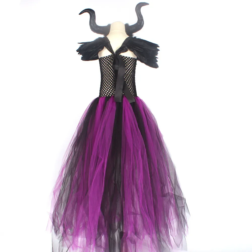 Kinder-Federkleid mit Schulterverzierungen, Gothisches Kleid für Mädchen, Lila-Schwarzes Netz-Tüllkleid für Halloween-Verkleidungspartys – Detail 16