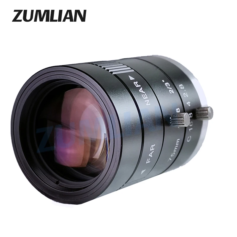 ZUMLIAN Telephoto Lens 75mm 3MP C Mount 2/3 Inch Low Distortion Lens F2.8 Manual Iris Machine Vision 4K Industrial Camera