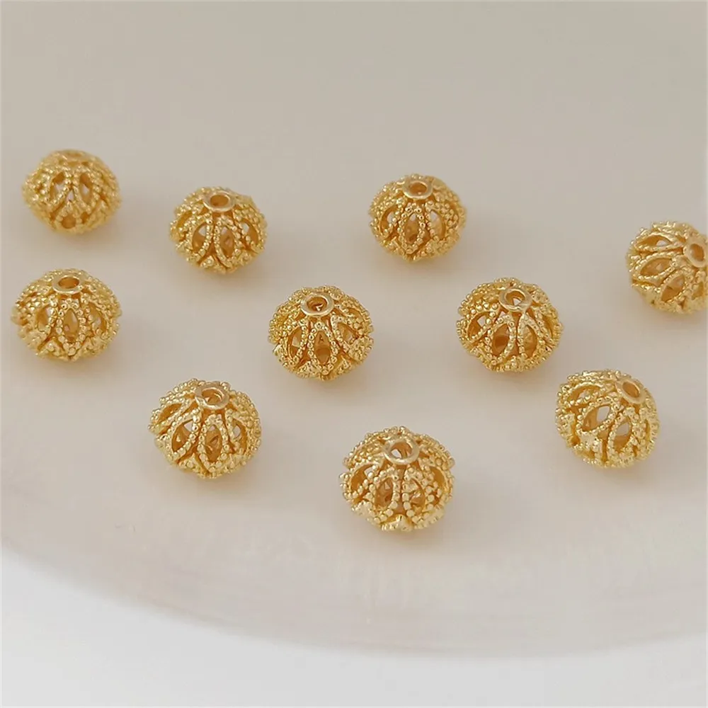 14K Copper Gold Embossed Patterned Hollowed-out Flying Saucer Beads 10*8mm Strung Beads with Loose Beads DIY Handmade Jewelry