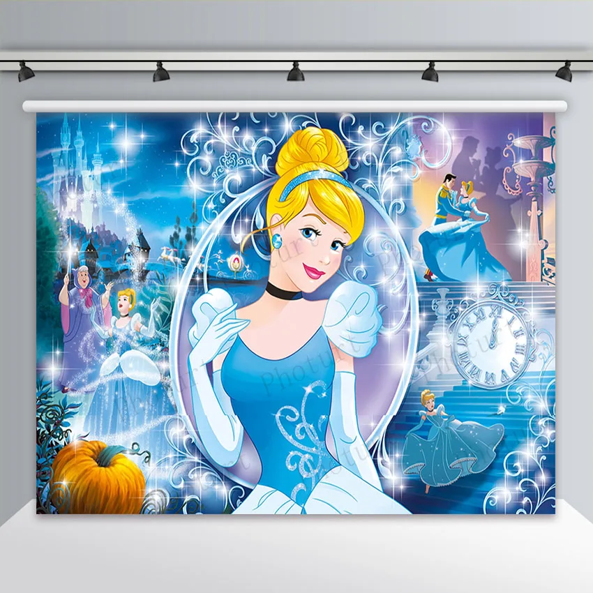 Disney Princess Cinderella Backdrop Girl Birthday Party Photo Background Disneyland Blue Castle Polyester Vinyl Decoration Props