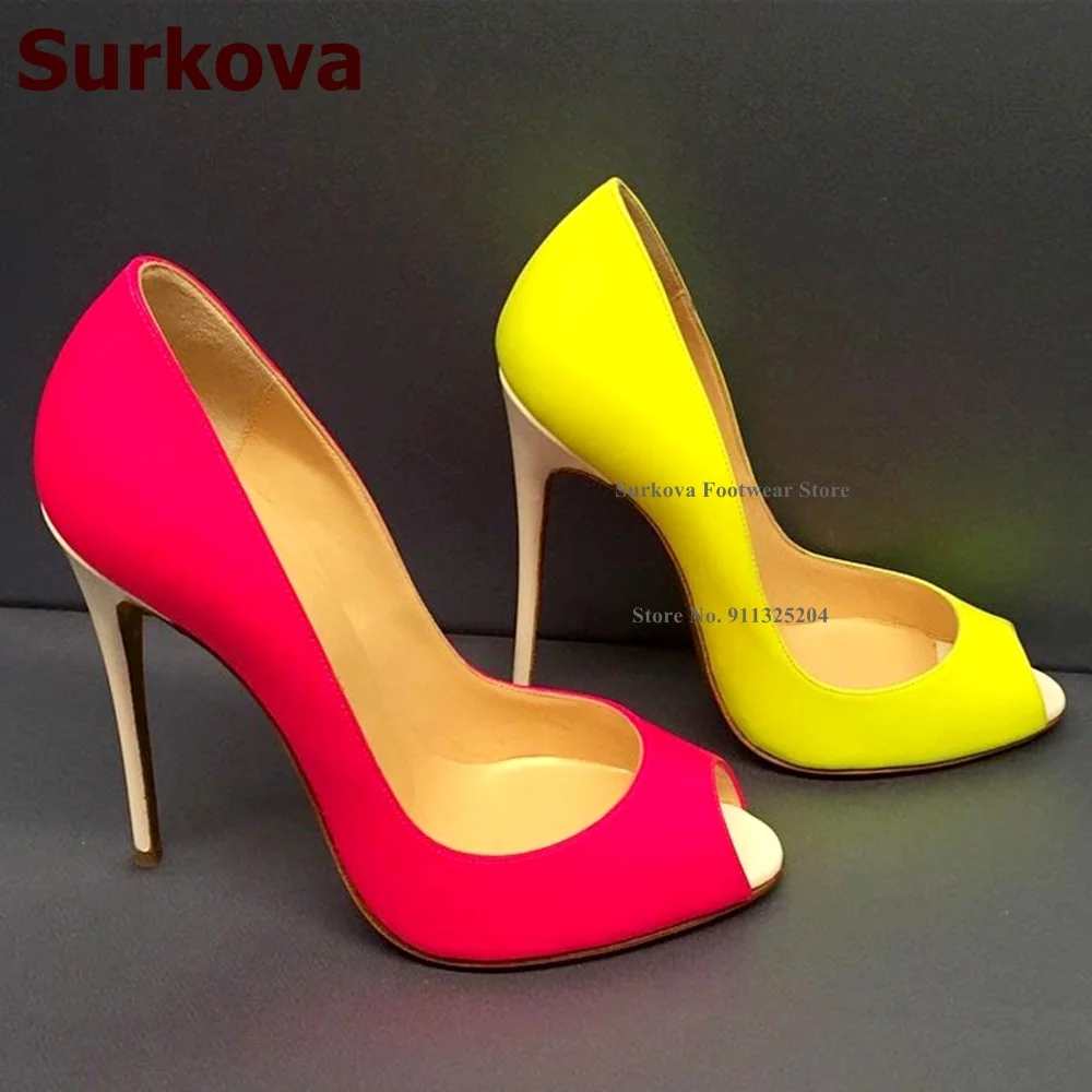 

Surkova Neon Yellow Pink Open Toe Summer Dress Shoes White Stiletto Heels Slip-on Patchwork Evening Pumps Designer Dropship